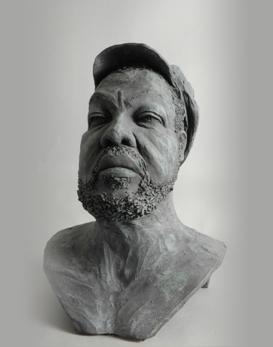 Shrimper Joe fired clay sculpture by David Varnau